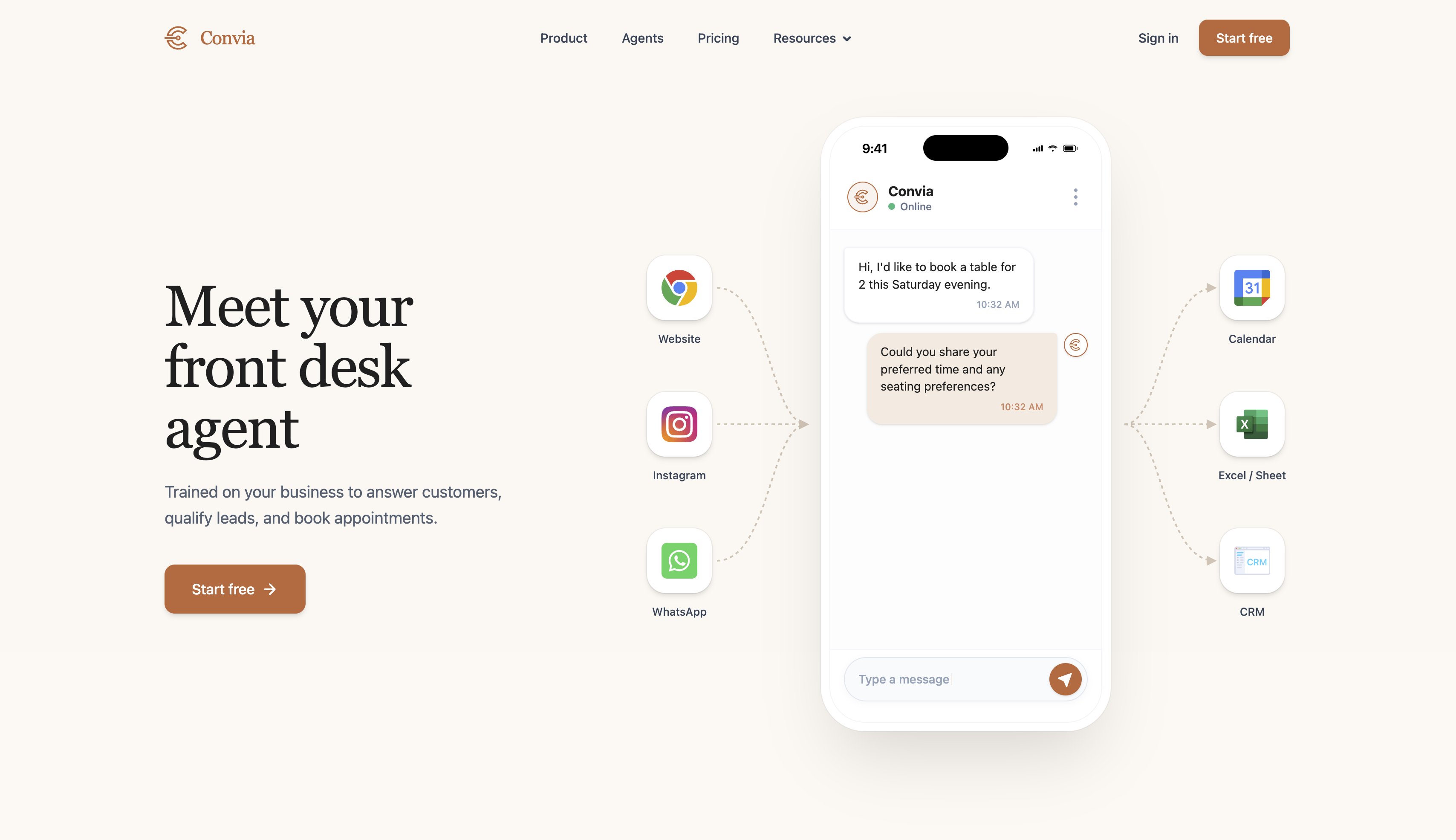 Convia landing page hero — front desk agent UI with phone chat mockup, channel icons, terracotta CTA